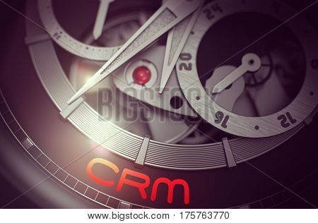 CRM - Customer Relationship Management - Inscription on Vintage Wristwatch with Visible Mechanism, Clockwork Closeup. Luxury, Mens Vintage Accessory. Time and Work Concept. 3D.