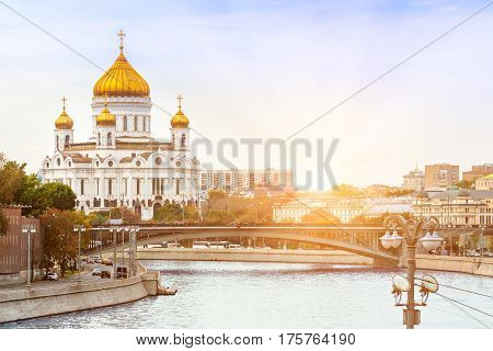 View from the river to the Cathedral of Christ the Saviour in Moscow