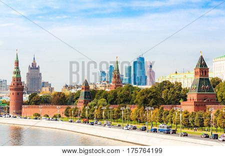 Traffic on the Kremlyovskaya embankment in Moscow Russia