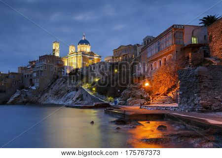 Town beach in Ermoupoli on Syros island in Greece.
