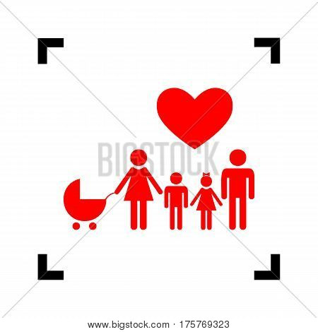 Family sign with heart. Husband and wife are kept children's hands. Vector. Red icon inside black focus corners on white background. Isolated.