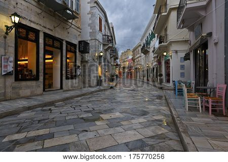 LIVADI, GREECE - JANUARY 10, 2017: Street of Ermoupoli town on Syros island in Greece on January 10, 2017.