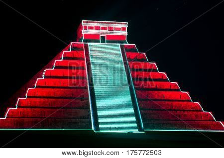 Light Show On Mayan Pyramid In Chichen Itza. Mexico,