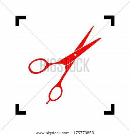 Hair cutting scissors sign. Vector. Red icon inside black focus corners on white background. Isolated.