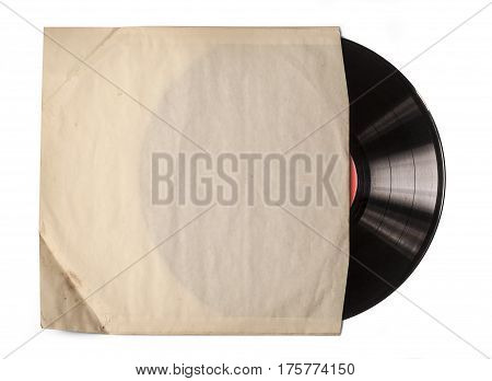 Old vinyl record in a paper case on white backgropund