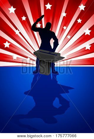 Silhouette illustration of a blacksmith on lighburst stars