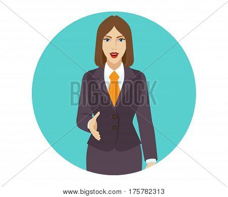 Businesswoman gives a hand for a handshake. Portrait of businesswoman in a flat style. Vector illustration.