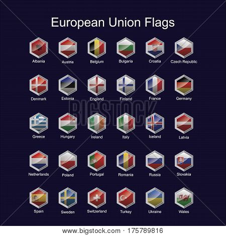 The flag of the european continent in the area of hexagons sparkling,