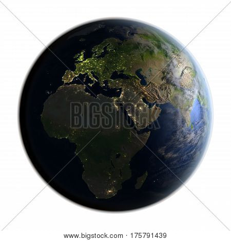 Emea Region On Earth At Night Isolated On White