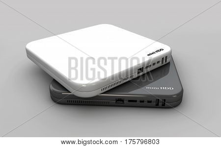 Hdd, mini hard disk drive white and dark colors, components, 3d Illustration
