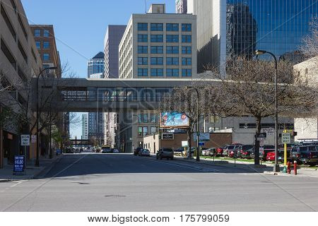MINNEAPOLIS USA - APRIL 11 2012: MINNEAPOLIS USA - APRIL 11 2012: Skyway climate-controlled comfort pedestrian footbridge connect various buildings