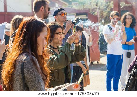 TOKYO JAPAN-October 20: Crowded people heading to the Buddhist Temple Sensoji on October 20 2016 in Tokyo Japan. The Sensoji temple in Asakusa area is the oldest temple in Tokyo.