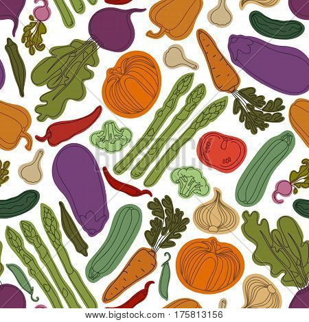 Seamless pattern with vegetables. Vegetarian menu. Eggplant, tomato, beets, peas, pepper, zucchini, radish, cucumber, broccoli, garlic, onions, carrots, okra, asparagus. Vector illustration.