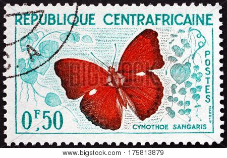 CENTRAL AFRICAN REPUBLIC - CIRCA 1961: a stamp printed in Central African Republic shows Cymothoe Sangaris Butterfly circa 1961