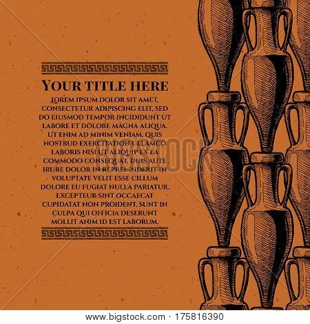 Vector vintage engraving template with ancient amphora and meander in black-figure pottery painting style. Seamless pattern stripe. Place for your text.
