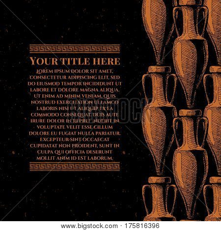 Vector vintage engraving template with ancient amphora and meander in red-figure pottery painting style. Seamless pattern stripe. Place for your text.
