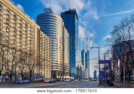 Warsaw, Poland - March 05, 2017: Q22 is a neomodern office skyscraper in Warsaw by the Polish real estate developer Echo Investment and designed by APA Kurylowicz Associates with collaboration from Buro Happold Polska. The building is 195 metres high and 