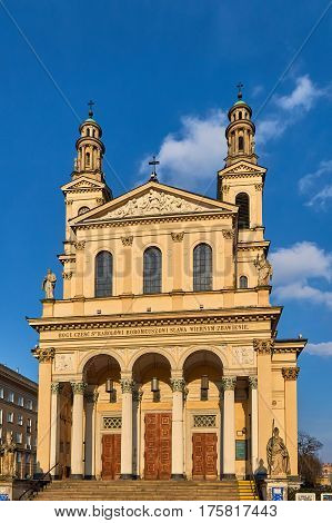 Warsaw, Poland - March 05, 2017: Parish of Saint Andrew the Apostle on Mirow - Roman Catholic parish in Warsaw the downtown deanery. Supported by archdiocesan priests. The parish was erected in 1774. The church built in the nineteenth century.