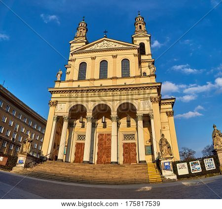 Warsaw, Poland - March 05, 2017: Parish of Saint Andrew the Apostle on Mirow - Roman Catholic parish in Warsaw the downtown deanery. Supported by archdiocesan priests. The parish was erected in 1774. The church built in the nineteenth century.