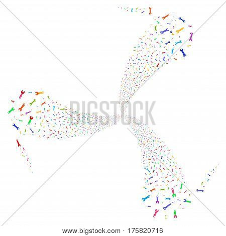 Wrench Symbols fireworks swirl rotation. Vector illustration style is flat bright multicolored iconic symbols on a white background. Object whirl made from random symbols.