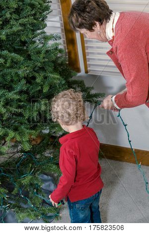 Family decorating beautiful live Christmas tree .