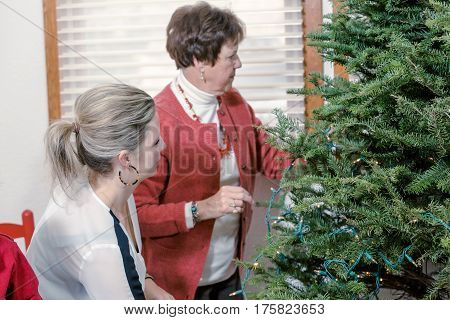 Family decorating beautiful live Christmas tree .