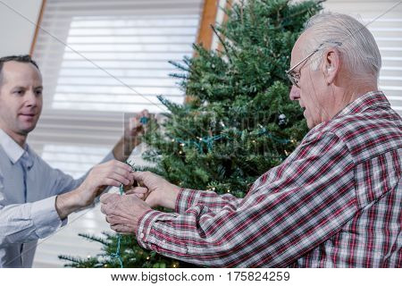 Family decorating beautiful live Christmas tree .