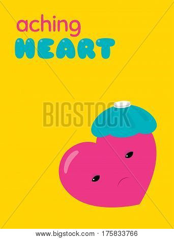 Vector illustration of a heart character laying with a ice bag on it. Text 