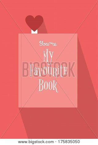 Vector illustration of a closed book with a heart shaped bookmark and a title on the cover 