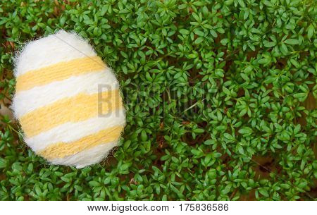 Easter Eggs Wrapped Woolen String And Green Cress, Copy Space For Text, Decoration For Easter