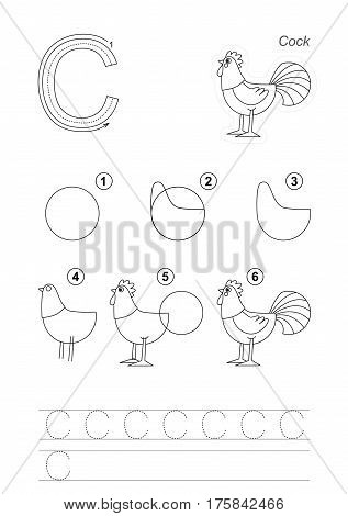 Vector illustrated alphabet with kid educational game to learn handwriting with easy gaming level for preschool kids, the drawing tutorial for letter C. Cock.