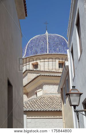 dome of the san bartolome church view from a street of Petrer in the province of alicante spain.