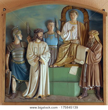 BUDASEVO, CROATIA - NOVEMBER 05: 1st Stations of the Cross, Jesus is condemned to death, Church of the Blessed Aloysius Stepinac in Budasevo, Croatia on November 05, 2007