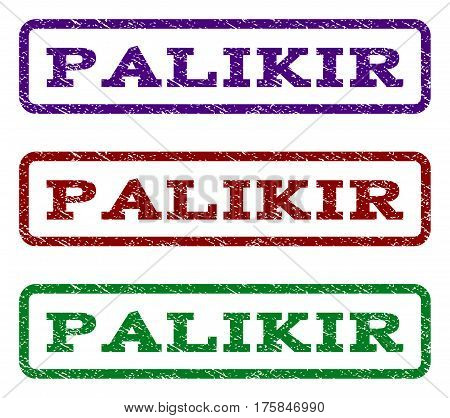 Palikir watermark stamp. Text caption inside rounded rectangle frame with grunge design style. Vector variants are indigo blue, red, green ink colors. Rubber seal stamp with dust texture.