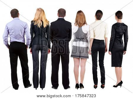Back view of  business team looks at wall.  Teamwork business people looking at something. Rear view people collection.  backside view of person.  Isolated over white background.