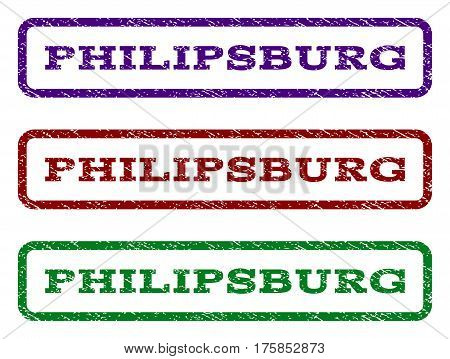Philipsburg watermark stamp. Text tag inside rounded rectangle frame with grunge design style. Vector variants are indigo blue, red, green ink colors. Rubber seal stamp with unclean texture.