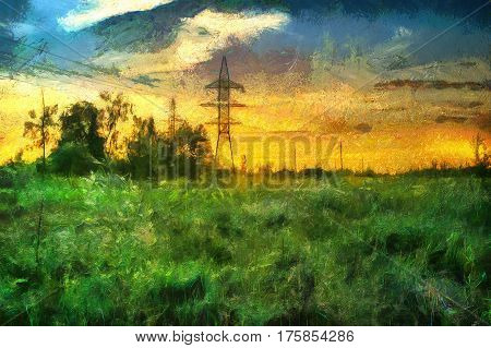 oil painting abstract sunset in a field in the countryside