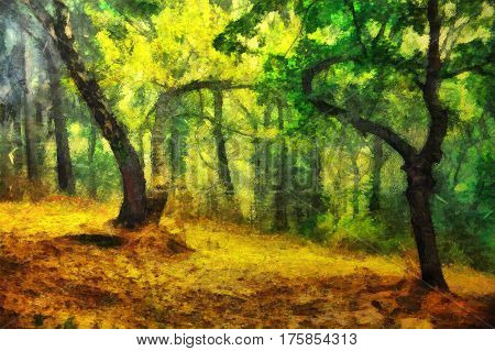 oil painting bright colors in summer forest