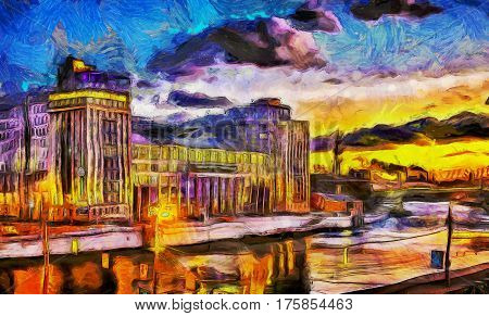 orange oil painting sunset over the river in the city