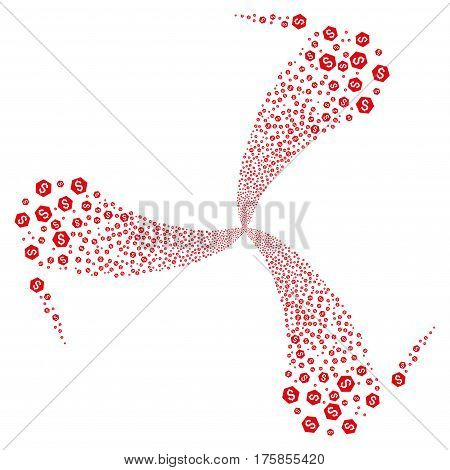 Finance fireworks swirl rotation. Vector illustration style is flat red iconic symbols on a white background. Object whirl made from random pictographs.