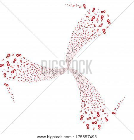 Gears fireworks swirl rotation. Vector illustration style is flat red iconic symbols on a white background. Object whirlpool combined from random pictograms.