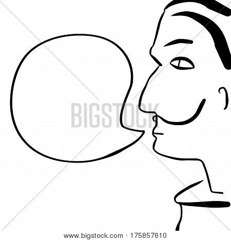 Cartoon human face with text bubble vector illustration. Man with mustache and black hair with speech bubble. Salvador Dali portrait. Hand-drawn person speaking. Comic style character with text place