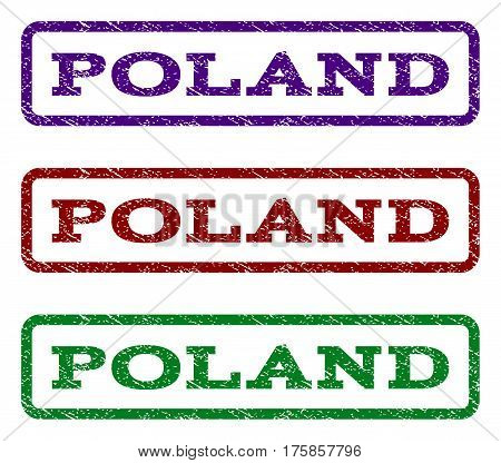 Poland watermark stamp. Text tag inside rounded rectangle frame with grunge design style. Vector variants are indigo blue, red, green ink colors. Rubber seal stamp with dust texture.