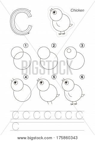 Vector illustrated alphabet with kid educational game to learn handwriting with easy gaming level for preschool kids, the drawing tutorial for letter C. Chicken.