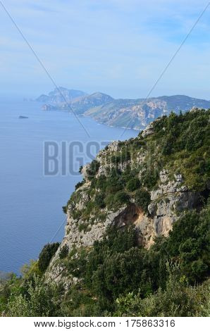 Gorgeous winding coastline and rolling hills along Italy's Amalfi Coast.