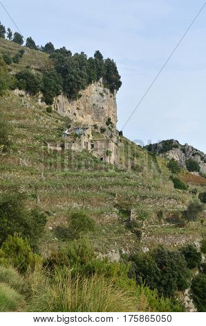 Stone farm buildings along the hiking trail on the Amalfi Coast in Italy.