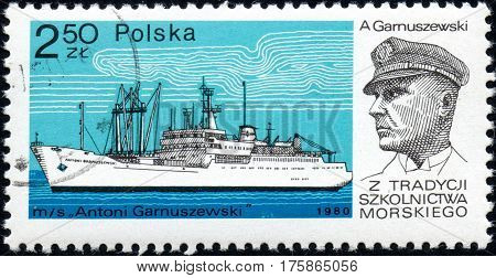 UKRAINE - CIRCA 2017: A stamp printed in POLAND shows Tradition Marine School captain Antoni Garnuszewski and Chip Antoni Garnuszewski circa 1980