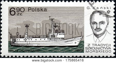 UKRAINE - CIRCA 2017: A stamp printed in POLAND shows Tradition Marine School captain G.Kanski and Chip Horizont circa 1980
