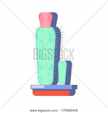 Textured cactus flat style vector illustration on white. Tall thin cactus with pink head and small baby cactus. Home flowers in pot. Exotic houseplants isolated. Trendy cactus with hand-drawn texture