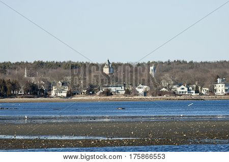 Very low tide exposes mudflats in Mattapoisett harbor
